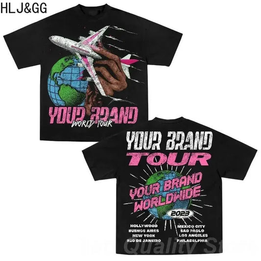 HLJ&GG Y2K Retro Pattern Printing Loose Tshirts Women Round Neck Short Sleeve Oversize Tops Fashion Female Cotton Top Streetwear