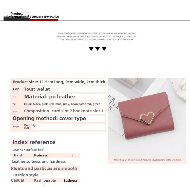 Korean version women wallet short heart-shaped three fold women's wallet multi card slot card bag zero wallet purses for women