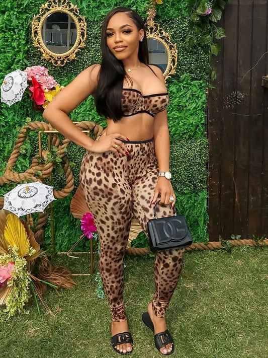 STYLISH LADY Leopard Printed Slim 2 Piece Set Women Spaghetti Strap Crop Top and Skinny Pant Suits 2025 Summer Nightclub Outfits