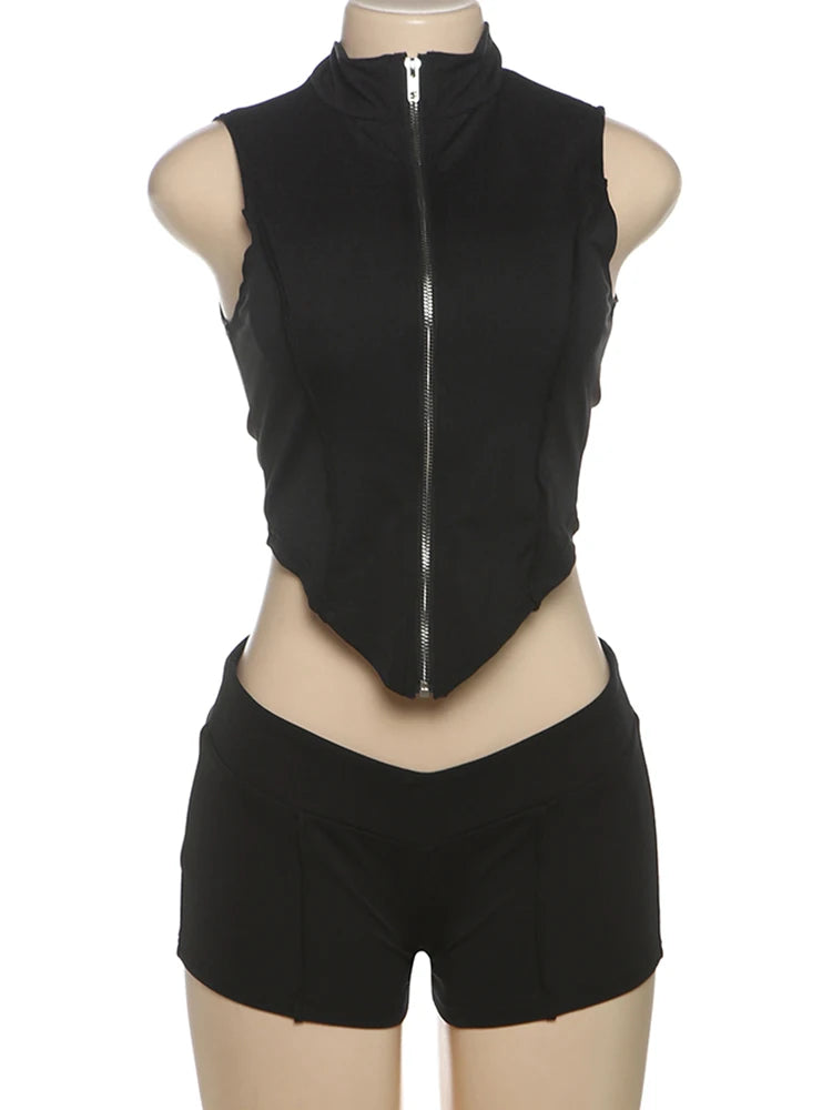 Weird Puss Casual Tracksuit 2 Piece Set Women Irregular Tank Tops+Peach Hip Zip Shorts Daily Simple Skinny Sporty Streetweas