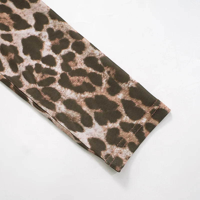 Weird Puss Sexy 3 Piece Set Women Leopard Print Mesh Full Sleeve Shawl+Bandage Metal Buckle Bra+Pants Street Trend Matching Suit