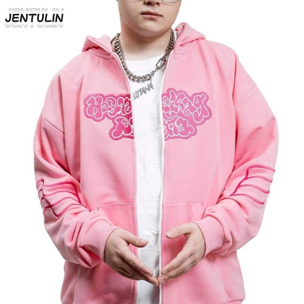 Y2K Harajuku Вата Zip Up Hoodie Cartoon Letter Embroidery Sweatshirt Men Hip Hop Oversized Streetwear Zipper Jacket Goth Clothes