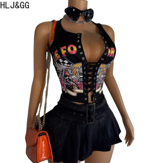 HLJ&GG Black Sexy Hot Girl Hollow Bandage Two Piece Sets Women Deep V Sleeveless Tank Top+Pleated Mini Skirts Outfits Streetwear