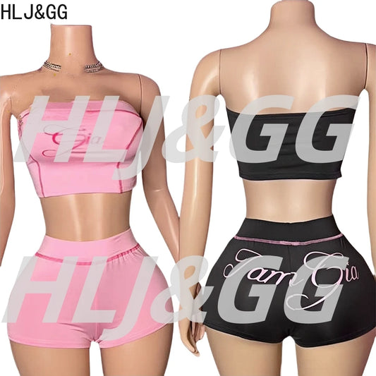 HLJ&GG Y2K Sexy Letter Print Two Piece Sets Women Off Shoulder Backless Slim Crop Top And Shorts Outfits Fashion 2pcs Streetwear