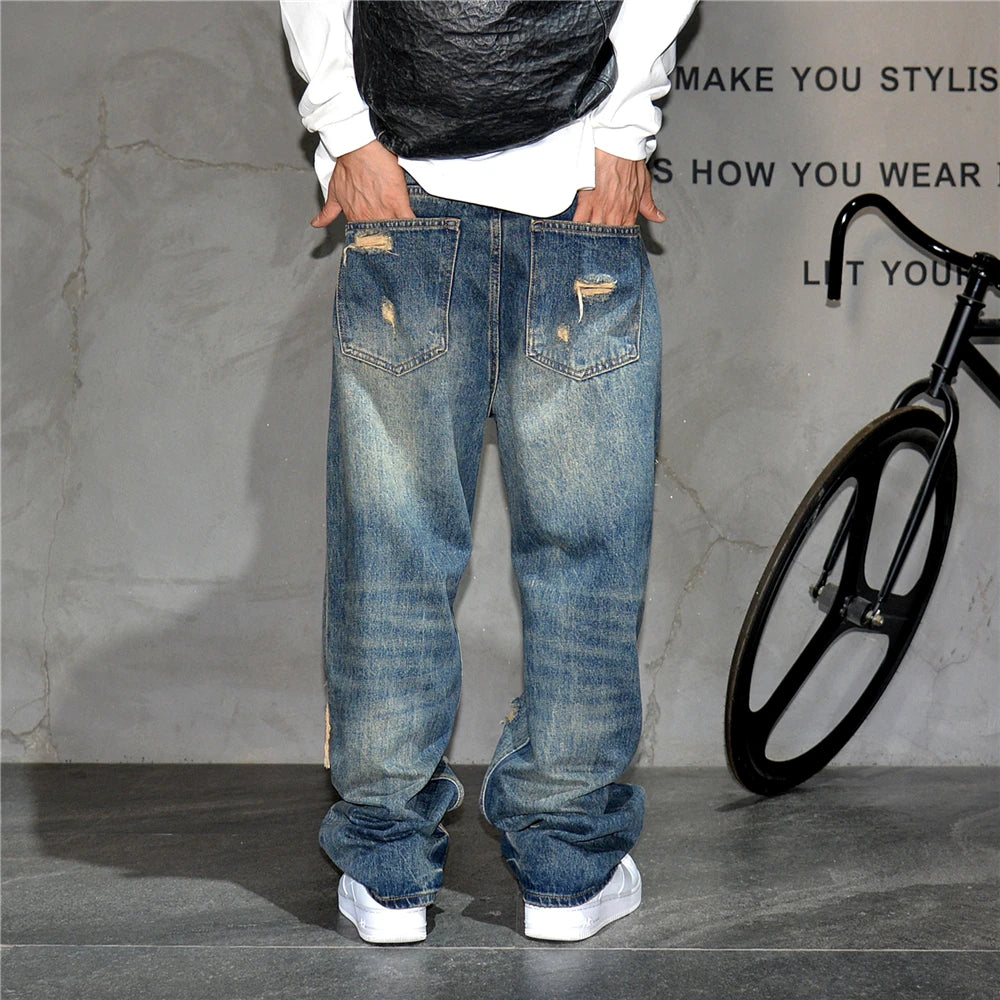 Ripped Baggy Jeans Distressed Denim Streetwear Skateboard Pants Straight Leg Patchwork Oversized Urban Fashion Workwear, men's jeans