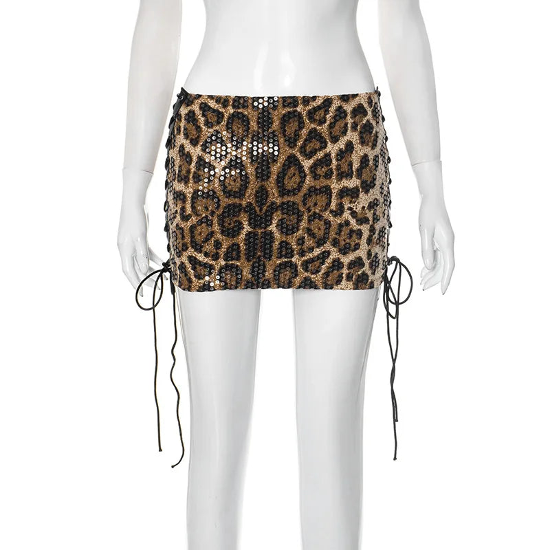 HLJ&GG Fashion Knitting Printing Tank Top Two Piece Set Women Sleeveless Slim Crop Vest+Leopard Side Bandage Mini Skirts Outfits