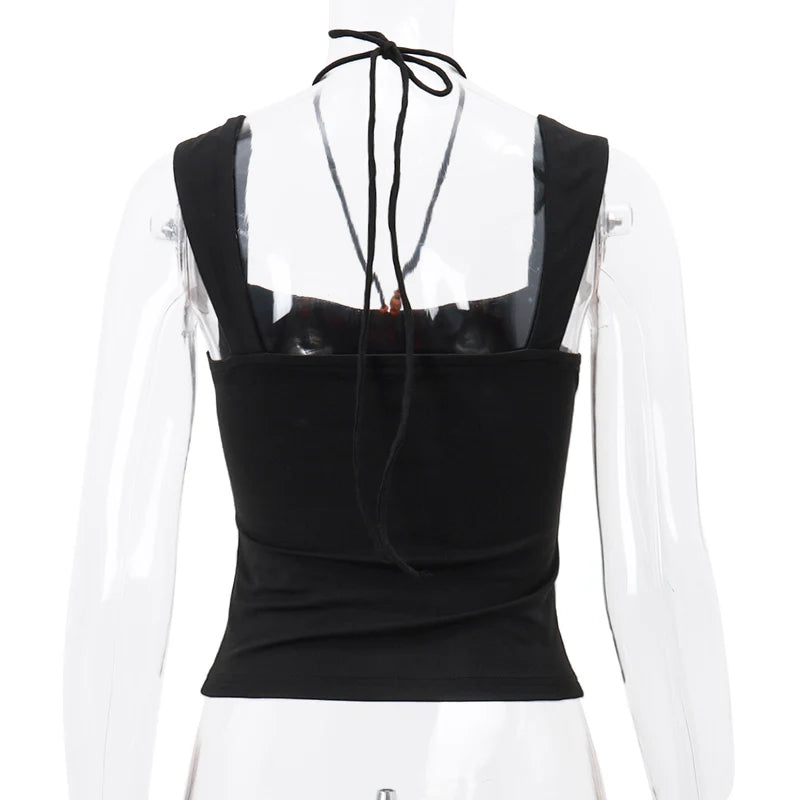 WhereMery Summer Women Black Slim Halter Tank Top Y2K Sexy Square-neck Pleated Backless Crop Tops Casual Sleeveless Bodycon Vest