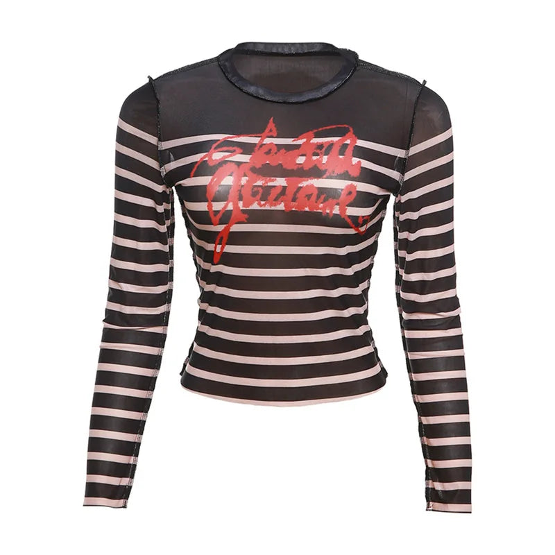HLJ&GG Y2K Sexy Stripe Letter See Though Two Piece Sets Women Long Sleeve Slim Top And Mini Leather Skirts Outfits Streetwear