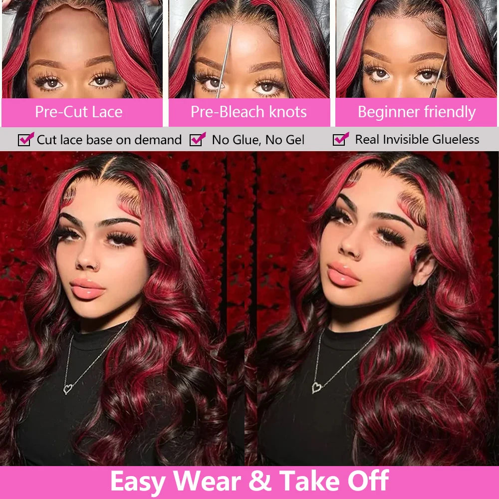 Omber Black With Red Colored Wigs Highlight Lace Front Wigs Human Hair Body Wave Brazilian 5x5 Hd Lace Frontal Glueless Wigs
