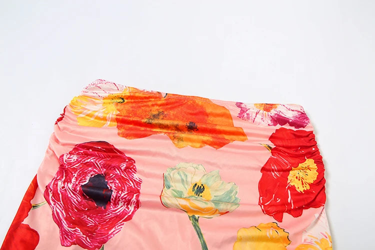 Weird Puss Floral Print 2 Piece Set Women Halter Low-Neck Backless Crop Tops+Skinny Splits Long Skirts Vacation Beach Style Suit