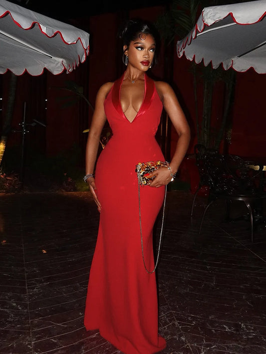 Weird Puss Halter Backless Dress Women 2025 Trend Deep V-Neck Summer Elegant Sleeveless Backless Midnight Party Skinny Vestidos