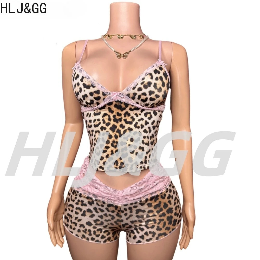 HLJ&GG Fashion Leopard Lace Stitching Two Piece Sets Women V Neck Spaghetti Strap Slim Crop Top + Shorts Outfits Sexy Streetwear