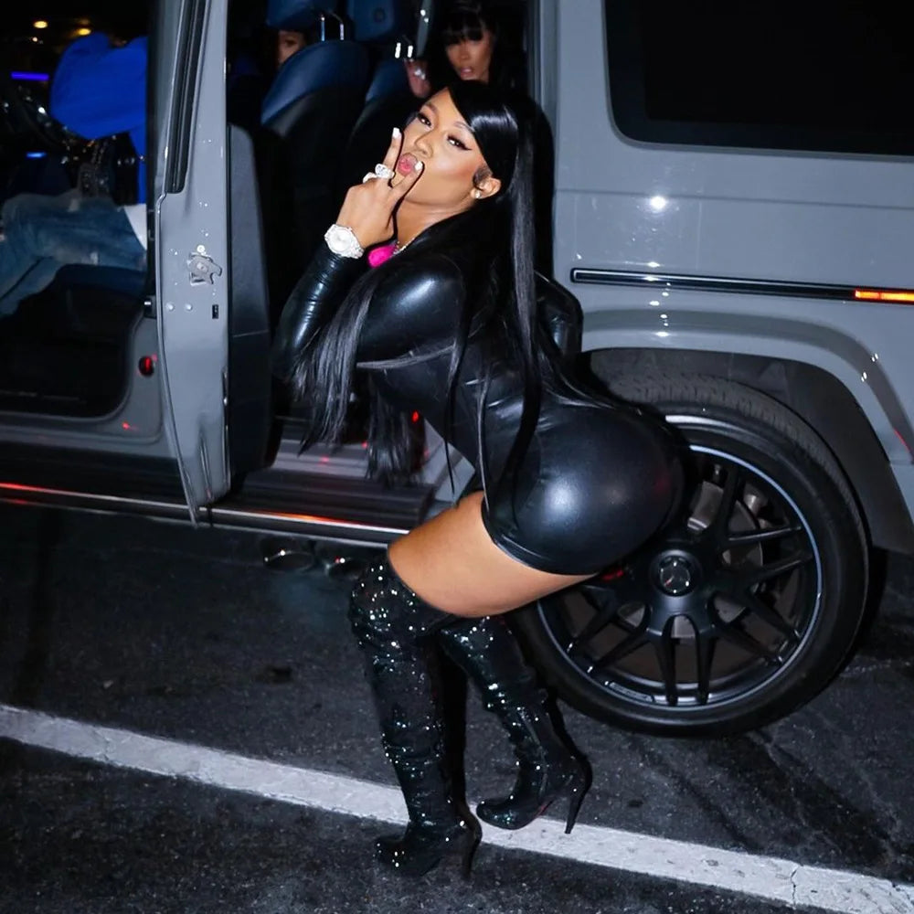 HLJ&GG Black Sexy Leather Zipper Bodycon One Piece Rompers Women Long Sleeve Slim Bodysuits Fashion Nightclub Party Playsuits