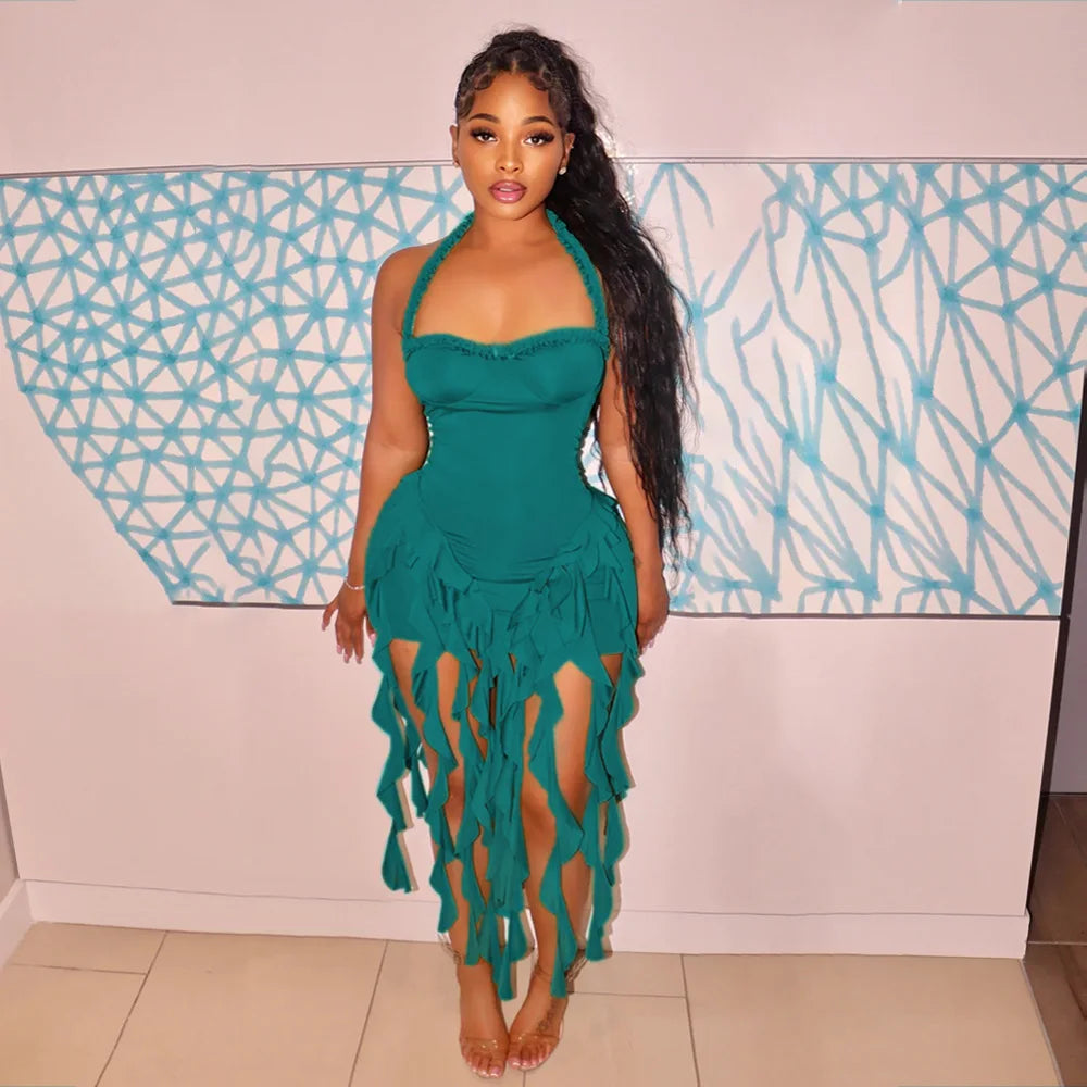 Weird Puss Sexy Halterneck Dress Women Chic Irregular Tassel Hem Backless Midnight Skinny Stretch Birthday Party Club Bodycon