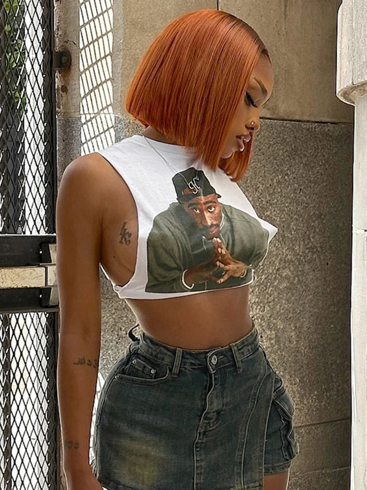 Weird Puss Mannequin Print Women Crop Tank Tops Summer Hipster O-Neck Wild Basic Stretch Fashion Y2K Cool Street Sexy Mini Vest