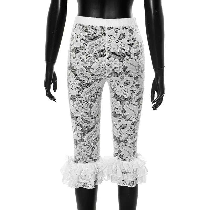 HLJ&GG Y2K Fashion Lace Bandage Hollow Out Two Piece Sets Women Off Shoulder Short Sleeve Slim Crop Top And Ruffle Shorts Outfit