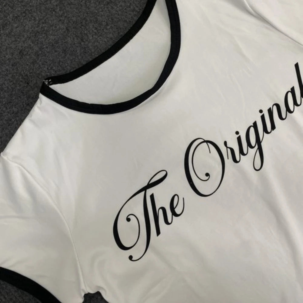 HLJ&GG Summer New Y2K Letter Print Two Piece Sets Women O Neck Short Sleeve Slim Crop Top And Fur Mini Skirts Outfits Streetwear