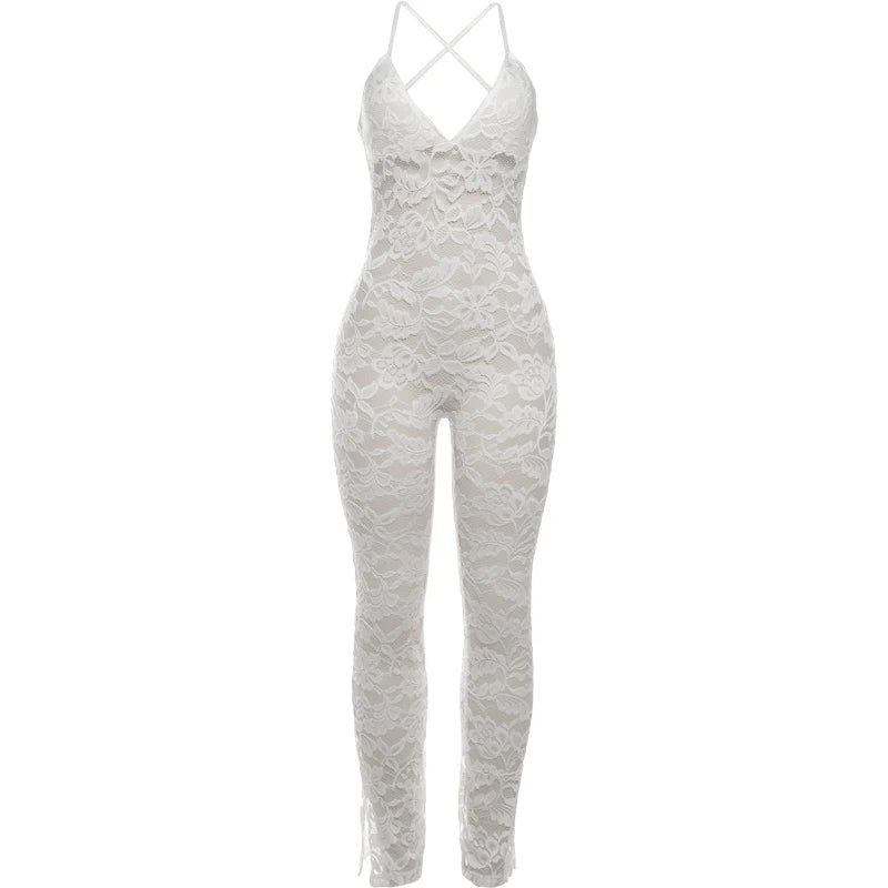 Weird Puss Cross Backless Jumpsuit Women Sexy See Thorough v-Neck Sleeveless Summer Coquette Stretch Activity Workout Overalls