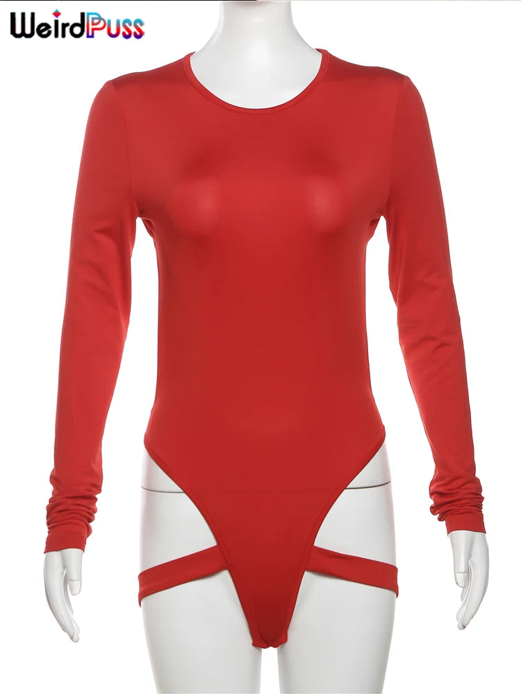 Weird Puss Hollow Backless Bodysuit Woman Summer Sexy Hottie Long-Sleeve Solid O-Neck Bandage Chic Bodyshape Skinny Clubwear Top