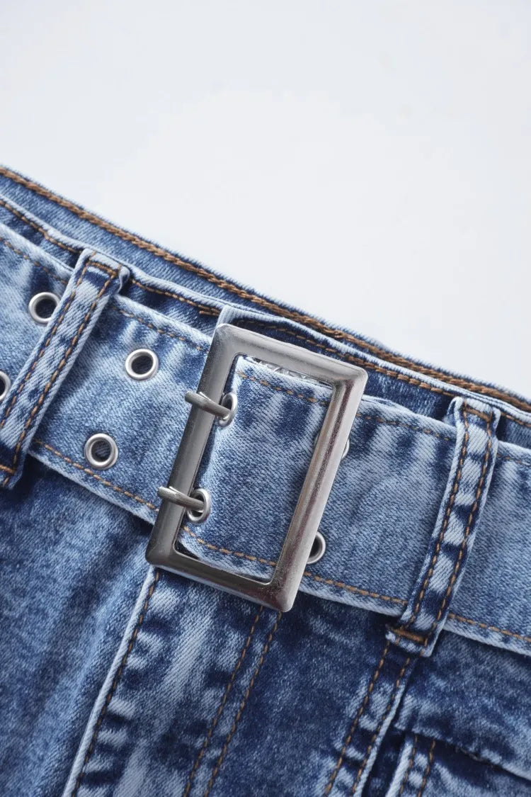 Women's Blue jeans shorts Y2K Inspired Belted Design Bow Adorned Pockets Trendy Streetwear for Fashion Forward Women