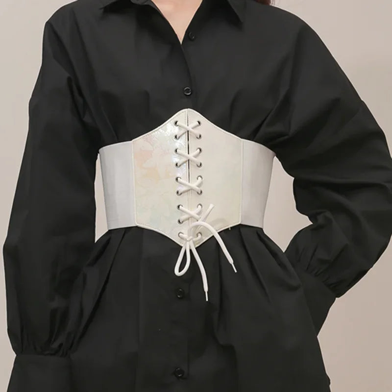 Gothic Wide Elastic Underbust Butterfly Printed Corsets for Women PU Leather White Pink Gorset Belt Top Waist Trainer Y2k Belt