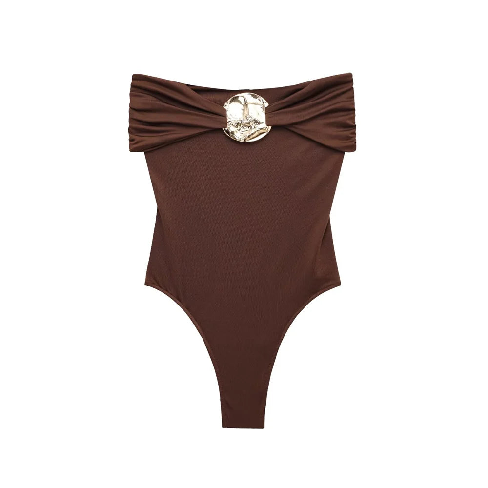 PB&ZA 2025 Women Off Shoulder One Piece Swimsuit with Decorative Buckle Stylish Black and Brown Design for Sale on AliExpress