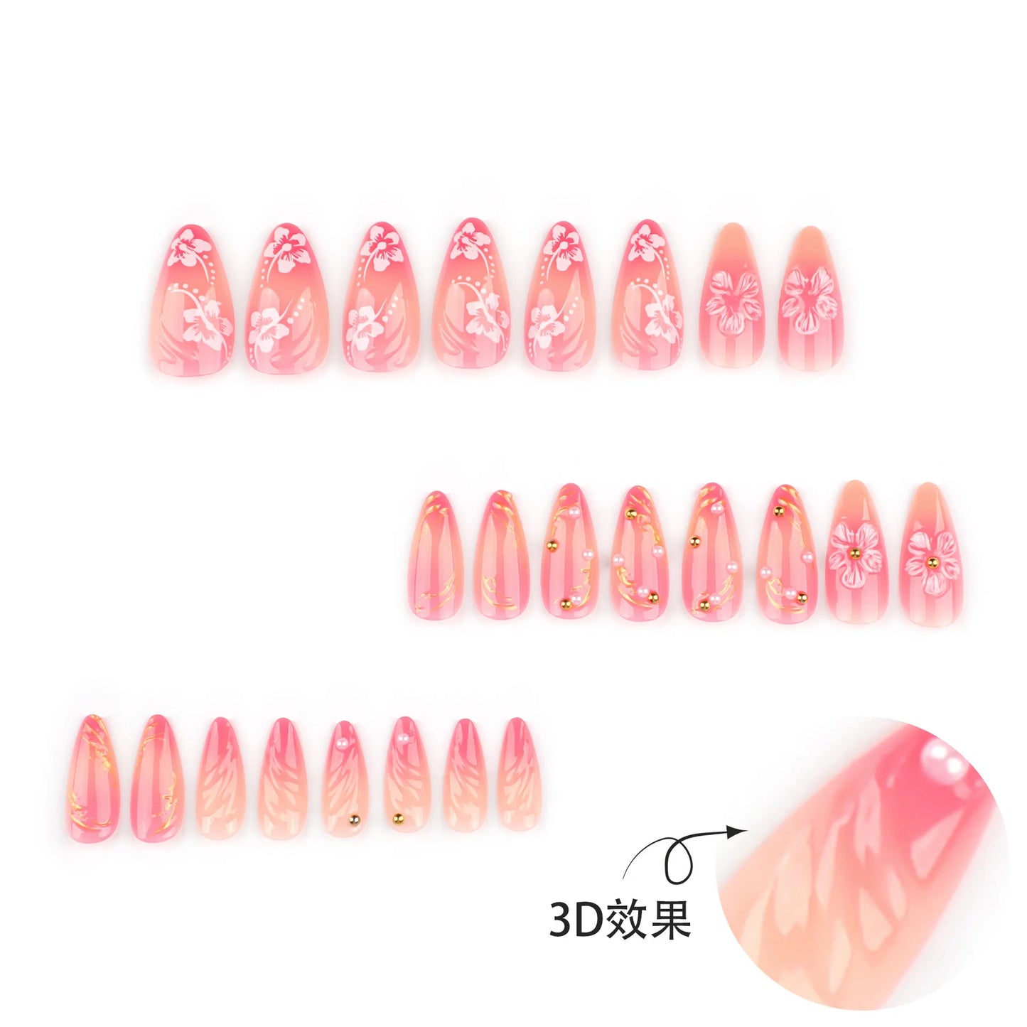 24pcs Flower Pattern Fake Nail Korean Sweet Pink Almond False Nail Tips for Lady Girl Wearable Detachable Simple Press on Nails