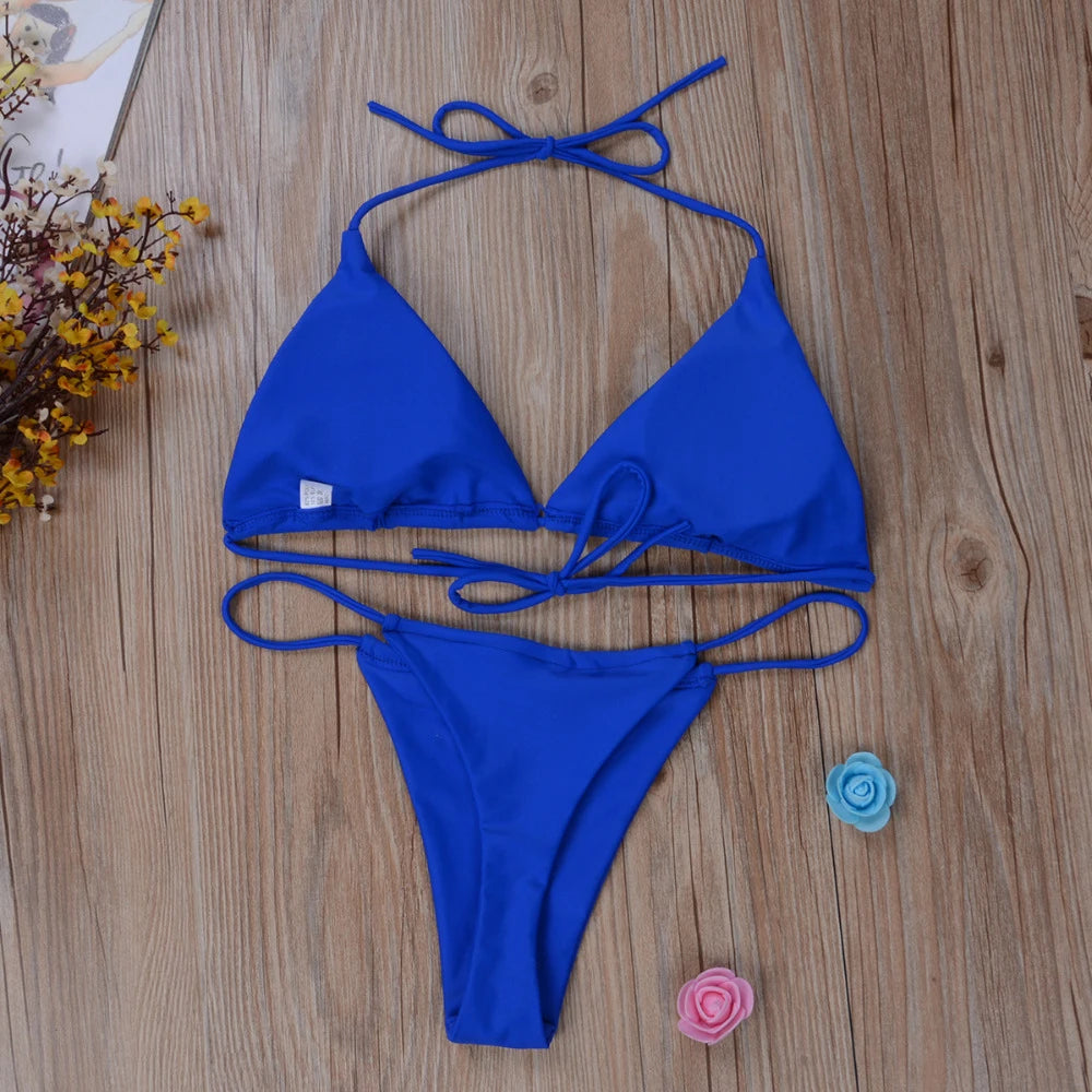 Sexy Women's Side Halter Tie Swimsuit Thong Bikini Set Ladies Split Strap Adjustable Bandage Style Brazilian Swimwear Beachwear