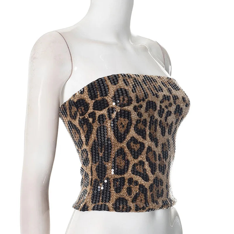 STYLISH LADY Sparkly Sequined Leopard Printed Crop Top 2025 Summer Women Strapless Zipper Slim Sexy Club Party Street Tops Tees