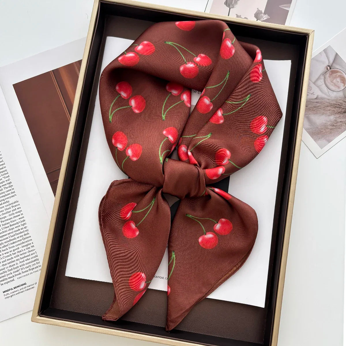 Luxury Square Satin Scarf Women Cute Fruit Cherry Pattern Shawls and Wraps Fashion Small Bag Scarves Hair Tie Bandanas 70*70Cm
