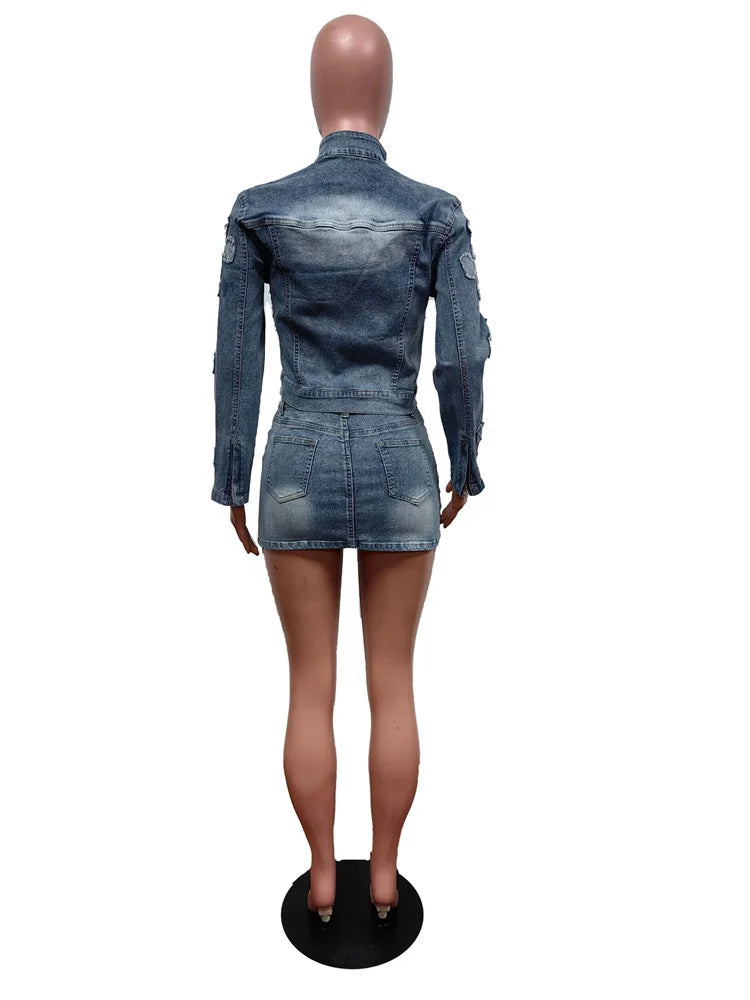 Weird Puss Vintage Women 2piece Set Half High Collar Zip Jacket+High Waist Mini Skirt Hipster Streetwear jeans Embroidery Suits