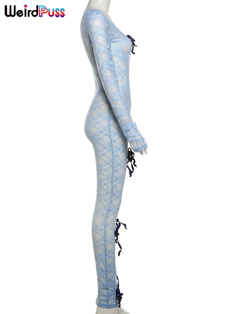 Weird Puss See Through Jumpsuit Sexy Women Summer Fashion Coquette Low-Neck Midnight Clubwear Skinny Elastic Workout Overalls