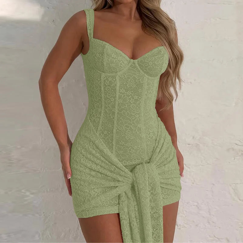 Weird Puss Summer Elegant Dress Women Y2K Chic Low-Neck Jacquard Wrapped Ribbon Bandage Birthday Party Clubwear Midnight Bodycon