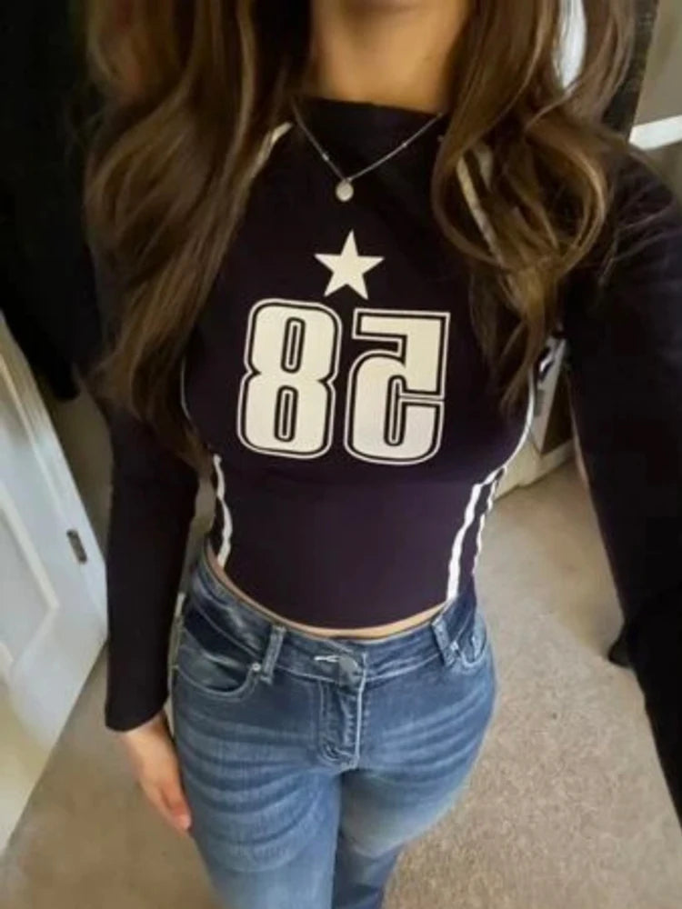 Gothic female Long sleeved Open Umbilical Letter Printing Casual Korean ladies Top Y2k Clothing EMO