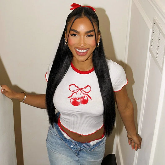 STYLISH LADY Cherry Printed Crop Tops 2025 Summer Women Short Sleeve O Neck Slim Ribbed Contrast Color Casual Street T Shirts