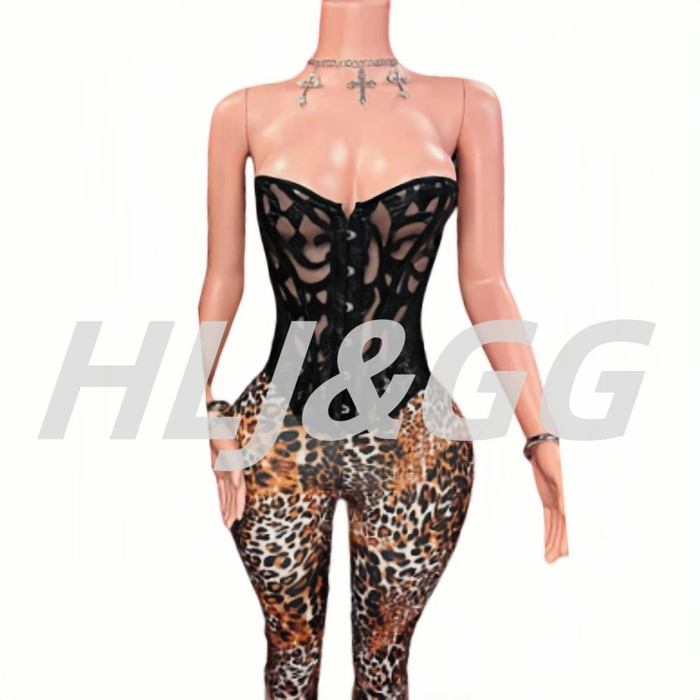 HLJ&GG Black Sexy Bandage Corse Two Piece Sets Women Sleeveless Backless Slim Top And Leopard Shorts Outfits Fashion Streetwear