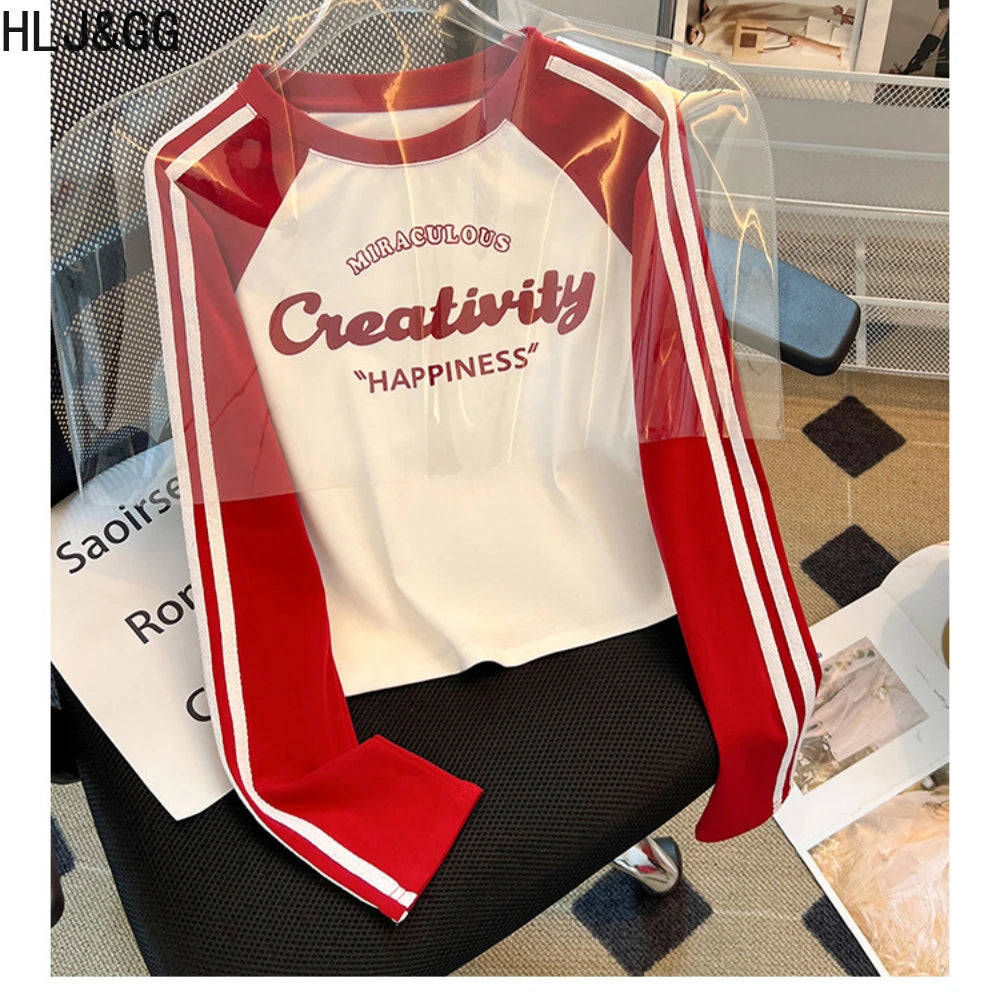 HLJ&GG Retro American Letter Printing Two Piece Sets Women Round Neck Long Sleeve Top And Mesh See Though Pants Outfits 2025 New