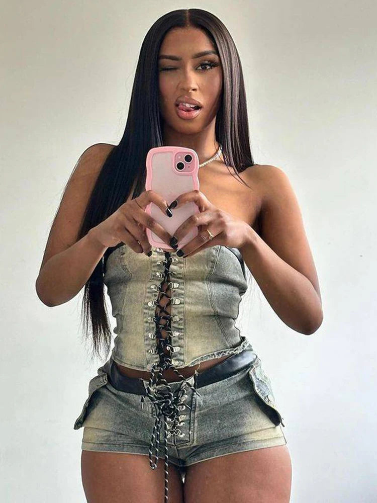Weird Puss jeans Summer 2 Piece Set Women Leather Edging Vintage Y2K Shirring Strapless Tops+Shorts Hipster Summer Matching Suit