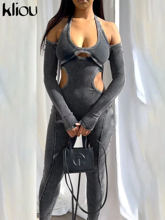 kliou Pure Cotton Jumpsuits ladies Halter Sexy Hollow Out Striped Folds Slim Fit Sexy Cleavage Overalls Stage Attirewear