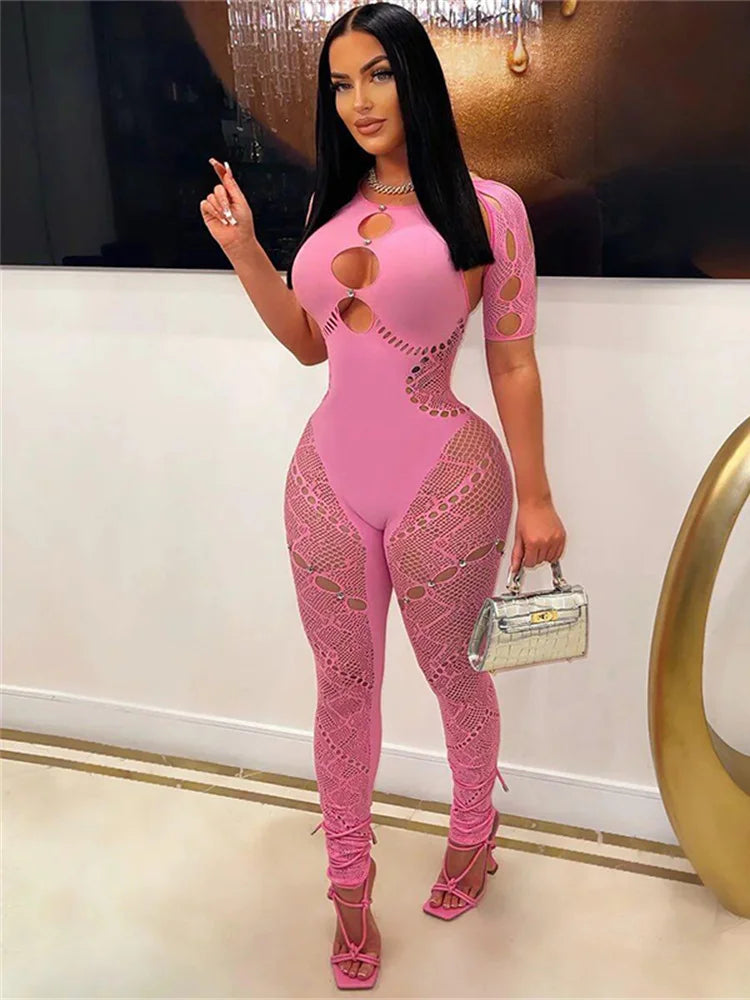 Weird Puss Rhinestone Embellished Women Jumpsuit Backless Halter Hollow Sheer Sexy Slim One Pieces Bodycon Hottie Party Clubwear