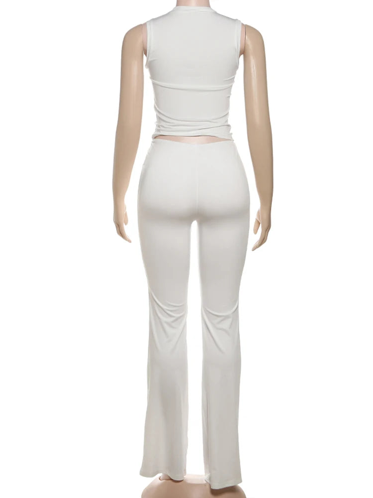 Weird Puss Heart Hollow 2 Piece Set Women o-Neck Sleeveless Tops+Skinny Stretch Pants Vacation Casual Simple Elegant Solid Suits
