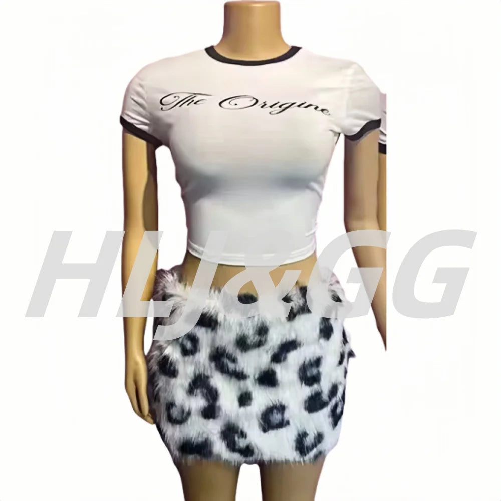 HLJ&GG Summer New Y2K Letter Print Two Piece Sets Women O Neck Short Sleeve Slim Crop Top And Fur Mini Skirts Outfits Streetwear
