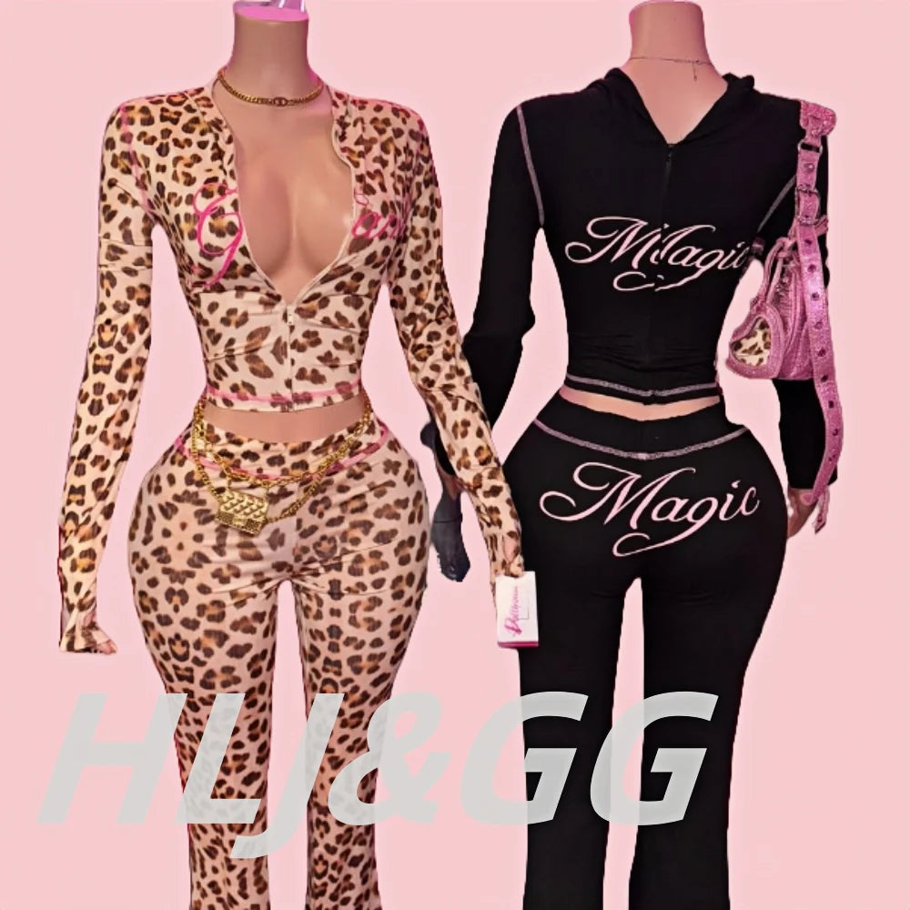 HLJ&GG Y2K Leopard Letter Hooded Two Piece Sets Women Zipper Long Sleeve Slim Crop Top And Pants Outfits Fashion 2pcs Streetwear
