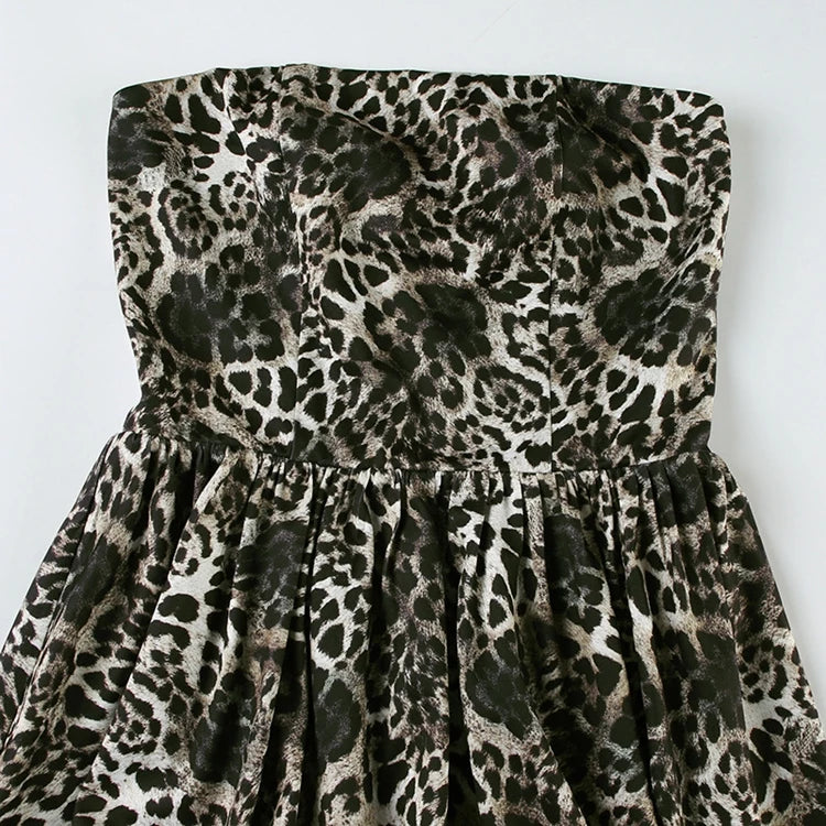 STYLISH LADY Leopard Printed Bud Dress 2025 Spring Strapless Backless Patchwork Sexy Club Party Mini Vestidos De Festa