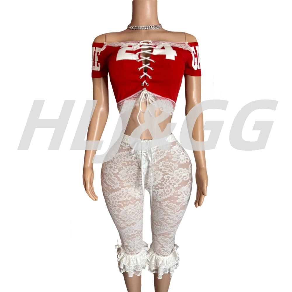 HLJ&GG Y2K Fashion Lace Bandage Hollow Out Two Piece Sets Women Off Shoulder Short Sleeve Slim Crop Top And Ruffle Shorts Outfit