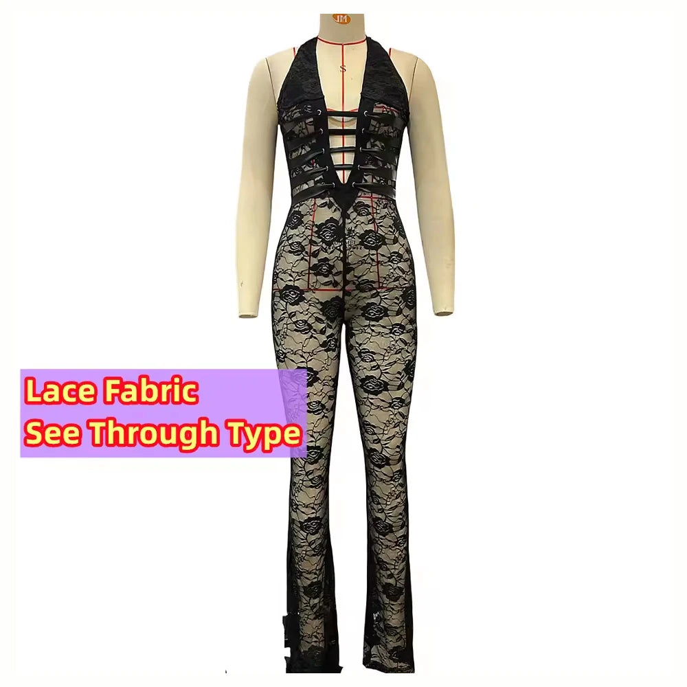 Weird Puss Hollow Bandage Jumpsuits Women Halter Sexy Jacquard Backless Sleeveless Skinny Street Workout Club Hipster Overalls