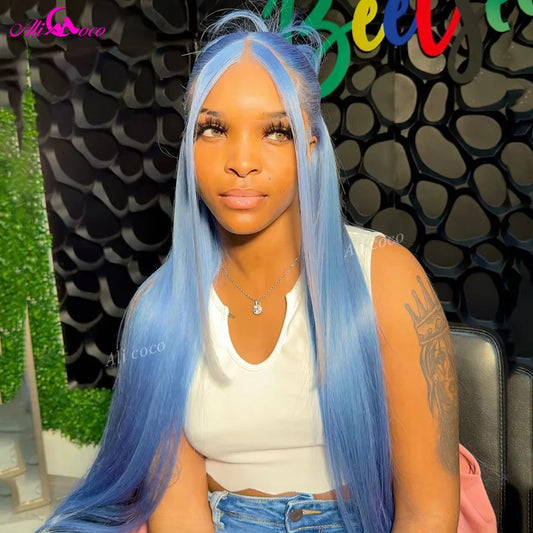 Haze Blue Straight Human Hair Wigs For Women Light Blue Lace Front Human Hair Wig HD Lace Frontal Wig Transparent Lace Blue Wig