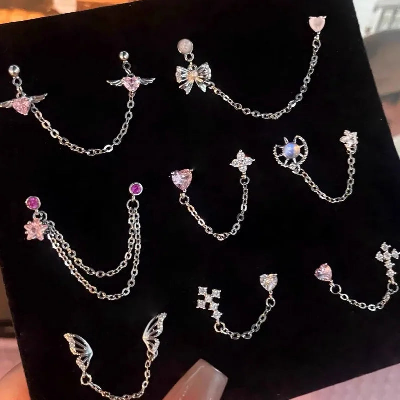 1PCS Pink Love Heart Chain Double Ear Hole 316L Stainless Steel Ear Bone Nail Y2K Fashion Hottie Earrings for Women Jewelry