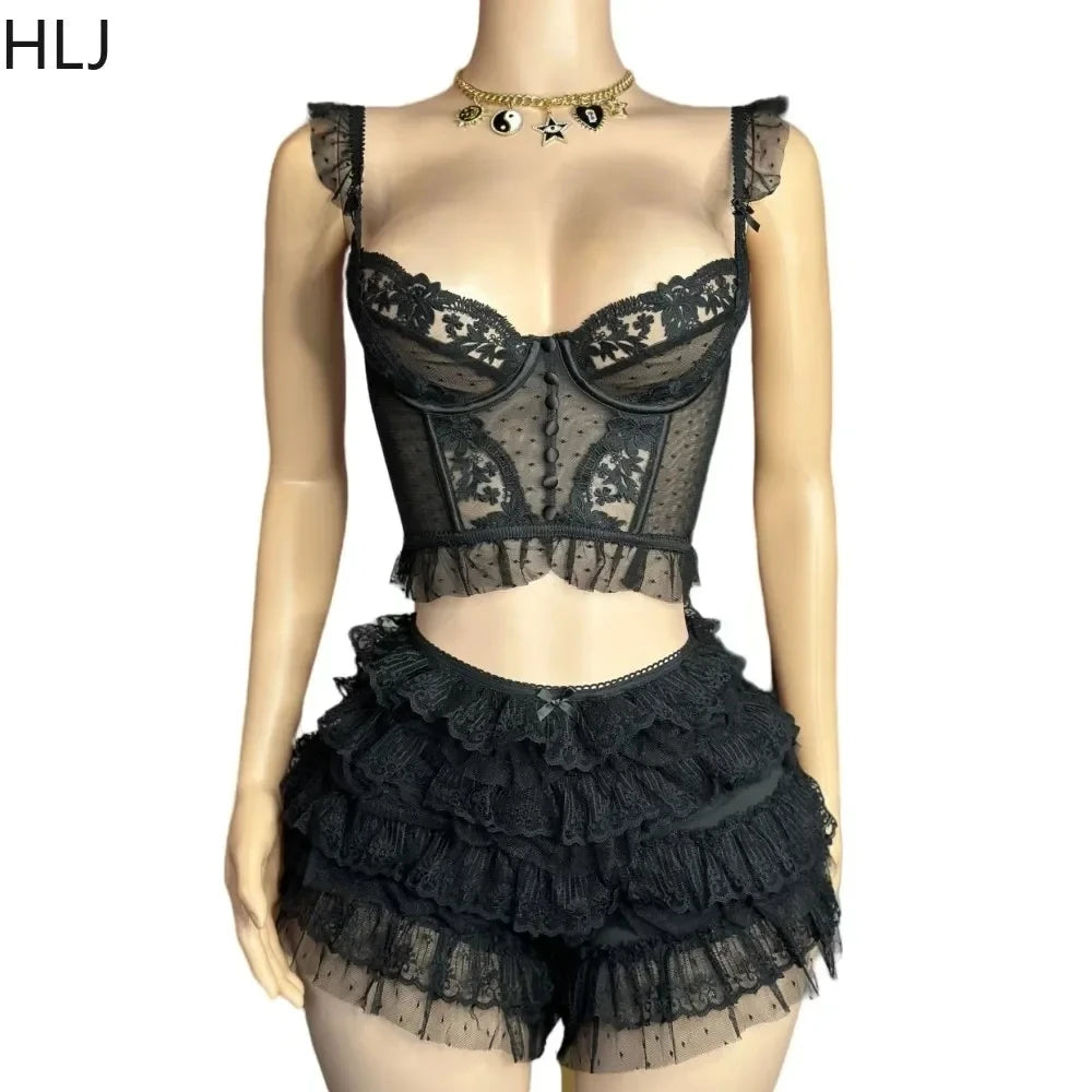 HLJ&GG Lace Sexy Embroidery Sheer Two Piece Sets For Women Thin Strap Tank Top + Ruffle Mini Skirts Shorts Outfit Party Clubwear