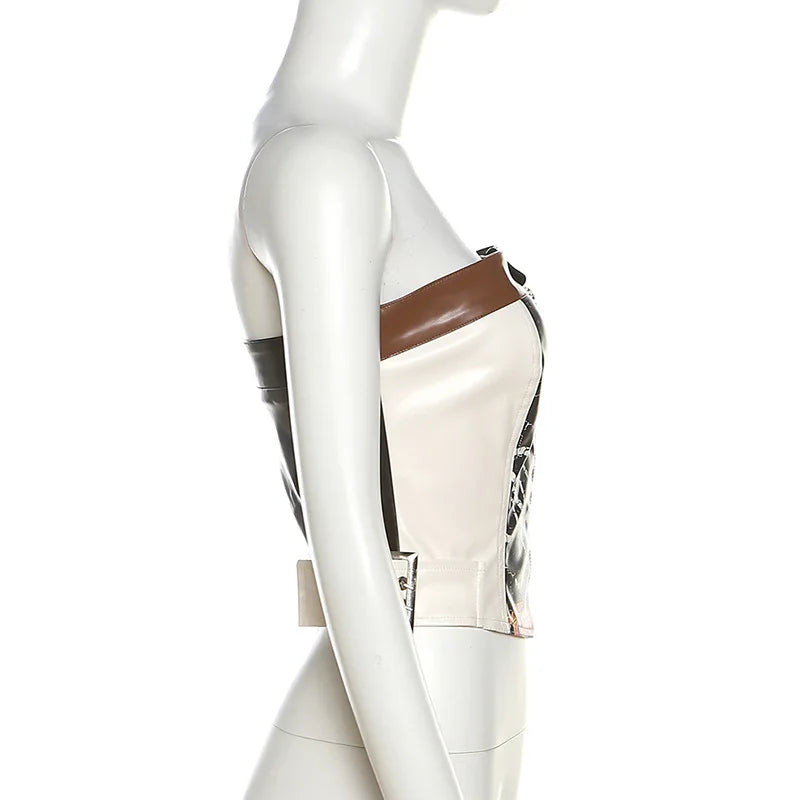 HLJ&GG Brown Y2K Fashion Leather Cargo Shorts Two Piece Sets Women Off Shoulder Zip Slim Crop Top And Shorts Outfits Streetwear